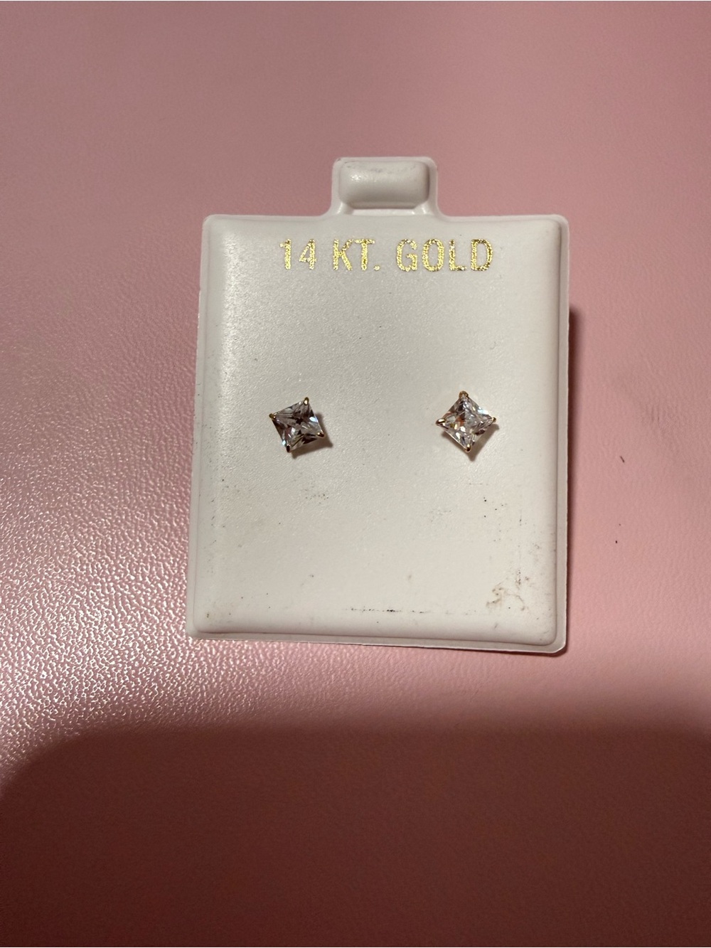 14K Gold Princess-Cut White Stone Stud Earrings